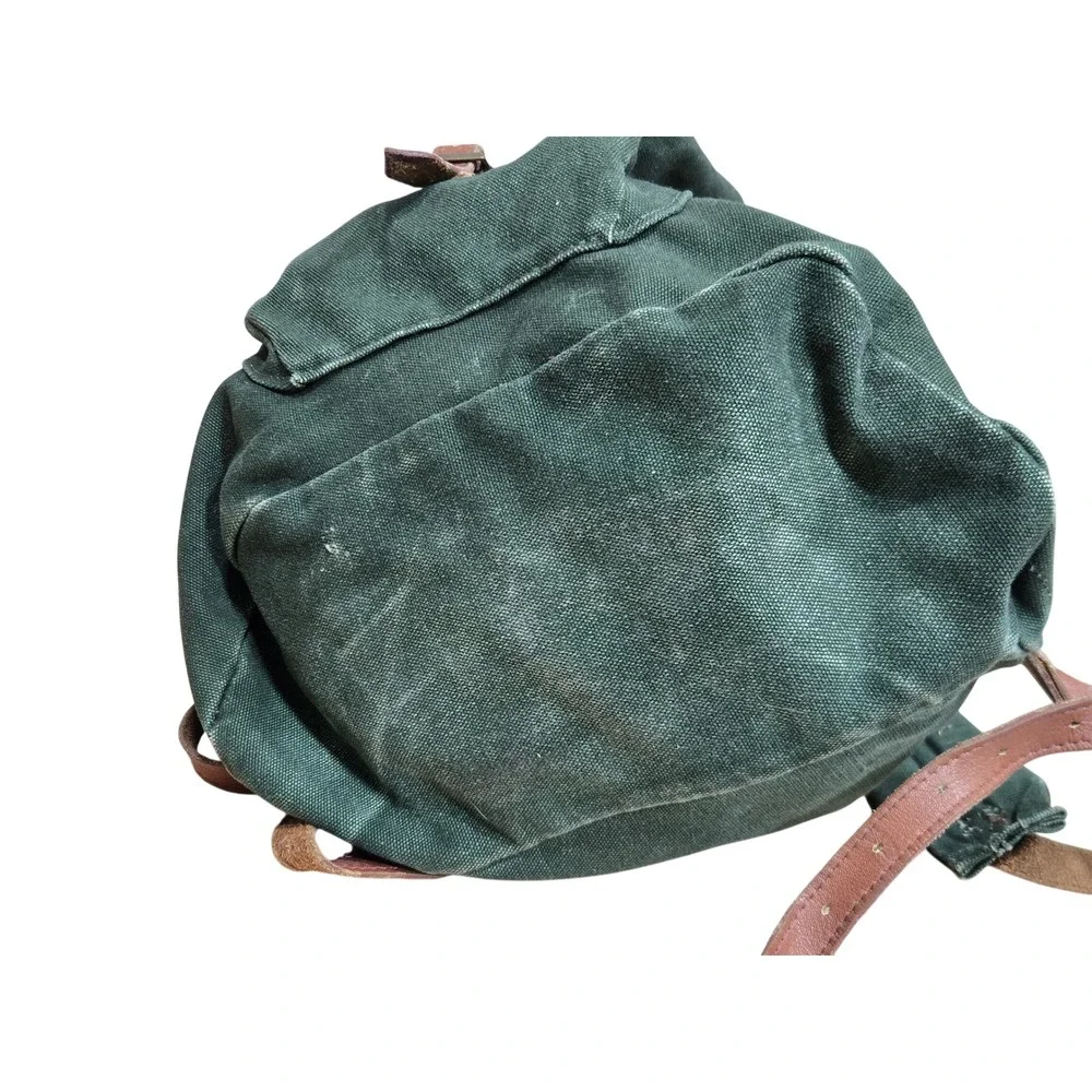 Vintage Green Canvas Leather Rucksack Backpack‎ Cowhide Trim